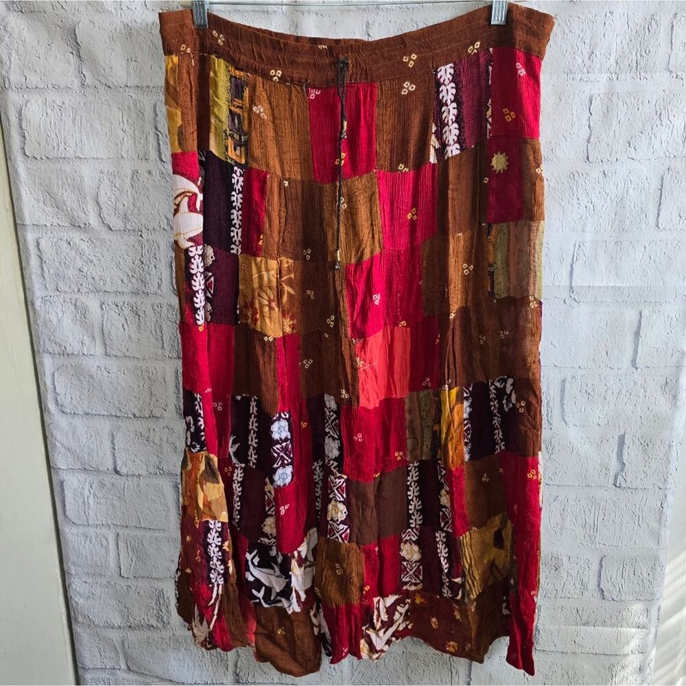 Boho Chic Patchwork Cottage Style Brown And Pink Maxi Skirt - Picture 2 of 12